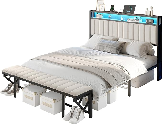 Full Bed Frame with Folding Bench and Charging Station, Velvet Upholstered Headboard with LED Light and Storage Shelf, Heavy Duty Metal Slats/No Box Spring Needed/Easy Assembly, Beige