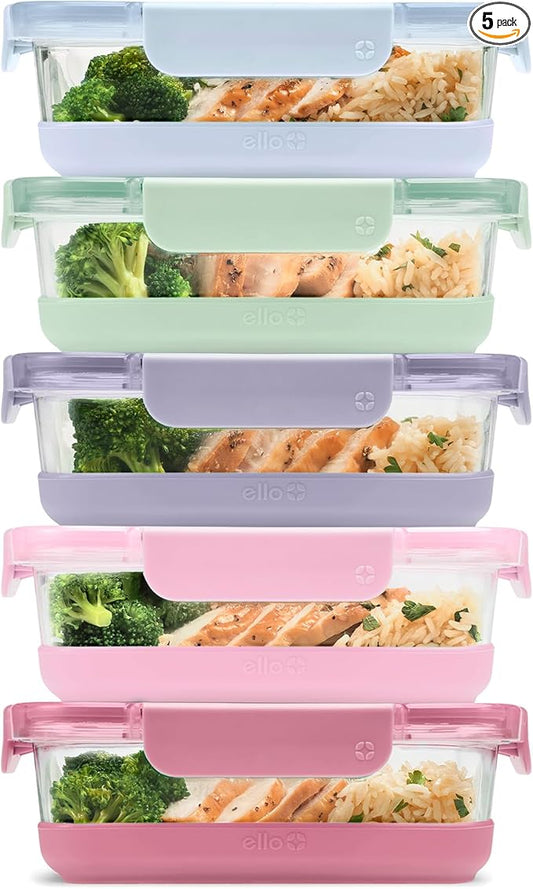 Ello Duraglass Refresh 3.4 Cup Meal Prep Sets 10Pc, 5 Pack Set- Glass Food Storage Container with Silicone Boot and Airtight BPA-Free Plastic Lids, Dishwasher, Microwave and Freezer Safe,Dusk Delight