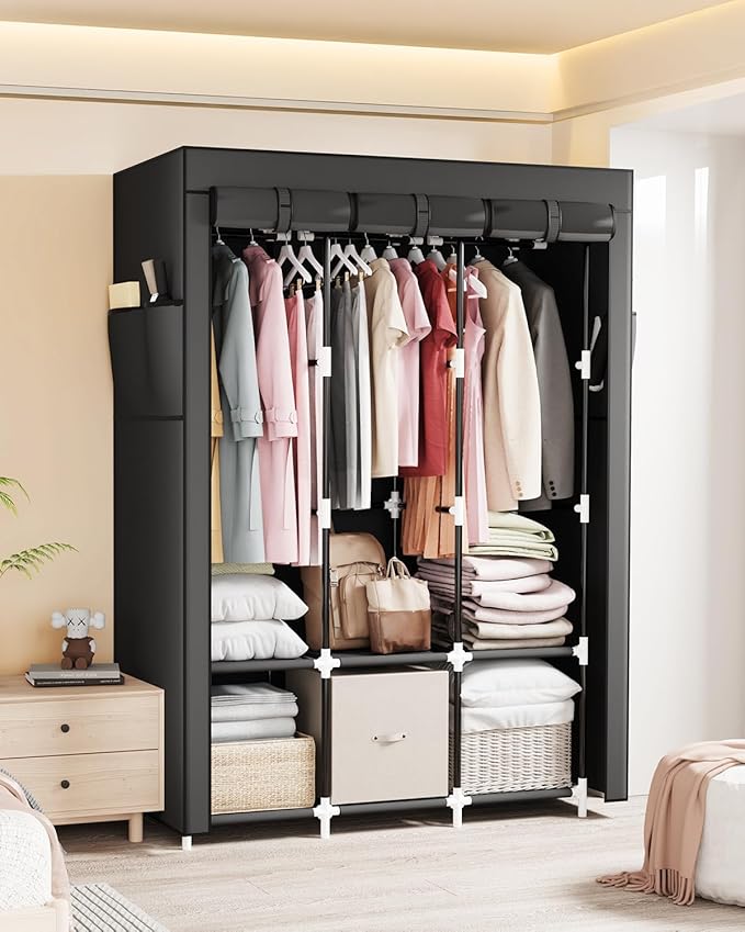 Mavivegue Portable Closet, Wardrobe Closet Organizer with Cover, 3 Hanging Rods and Shelves,Large Capacity for Bedroom, Living Room (Black, 50" W x 17" D x 64" H)