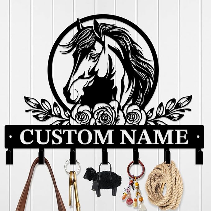 Custom Horse Key Hook - Personalized Forged Iron Wall Keys Holder with Equestrian Design, Black Metal Home Decor for Horse Theme Lovers (Style D)