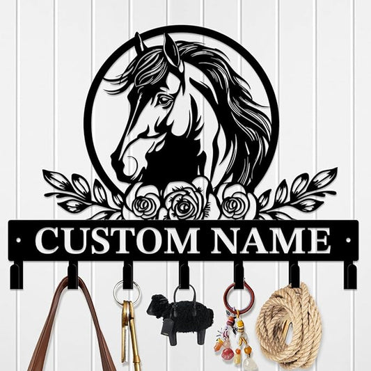 Custom Horse Key Hook - Personalized Forged Iron Wall Keys Holder with Equestrian Design, Black Metal Home Decor for Horse Theme Lovers (Style D)