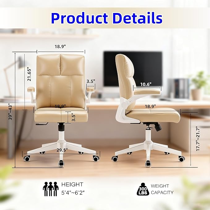 Computer Chair, Ergonomic Home Office Desk Chair with Space Saving Flip-Up Arms, 360° Swivel & Reclining Back, High-Back Executive Chair in Soft Faux Leather Chair Multi-Angle from 90° to 135°