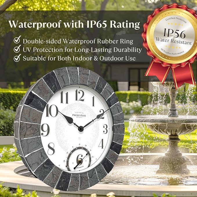Presentime & Co 14" Illuminated in/Outdoor Clock with Smart Sensor and Night Light, Waterproof, Large Wall Clock with Thermometer, for Garden and Patio -Faux Slate.