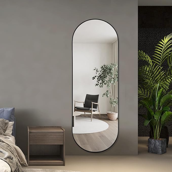 Oval Full Length Mirror, 65"×22" Wall-Mounted Mirror with Metal Frame, Ultra-Clear Explosion-Proof, Simple and Classic Deco for Cloakroom/Bedroom/Living Room, Black