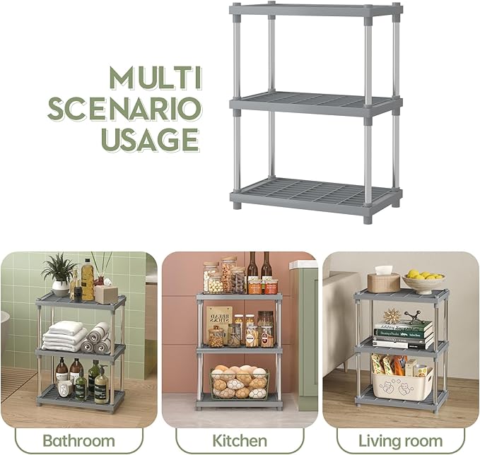 Grey 3 Tier Storage Rack with Shelf,Kitchen Spice Rack,Under Sink Countertop Makeup Organizer Standing Rack for Bathroom Counter，13MM Steel Tubes