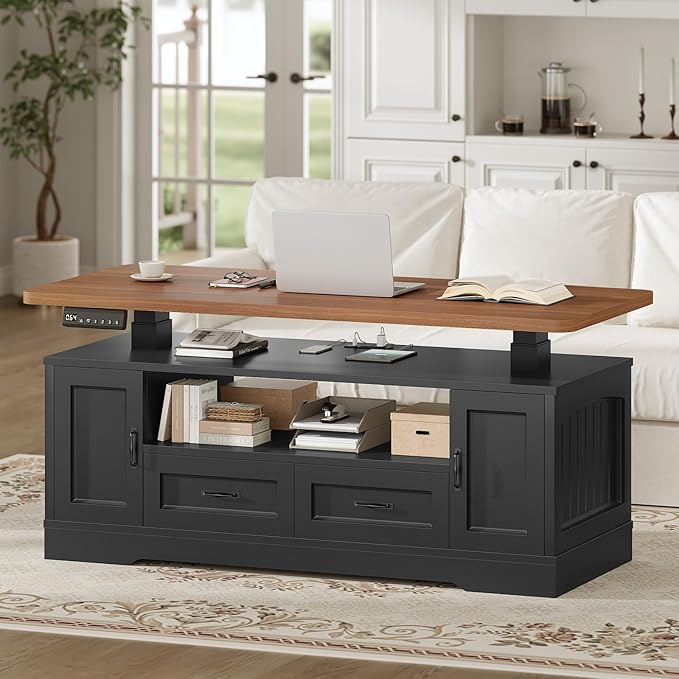 SEDETA 47.2" Electric Standing Coffee Table with Storage, Farmhouse Lift Top Coffee Table with Drawers and Open Shelves, Height Adjustable Tables with Power Outlet, for Living Room, Black