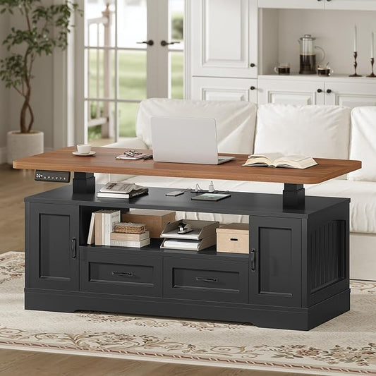 SEDETA 47.2" Electric Standing Coffee Table with Storage, Farmhouse Lift Top Coffee Table with Drawers and Open Shelves, Height Adjustable Tables with Power Outlet, for Living Room, Black