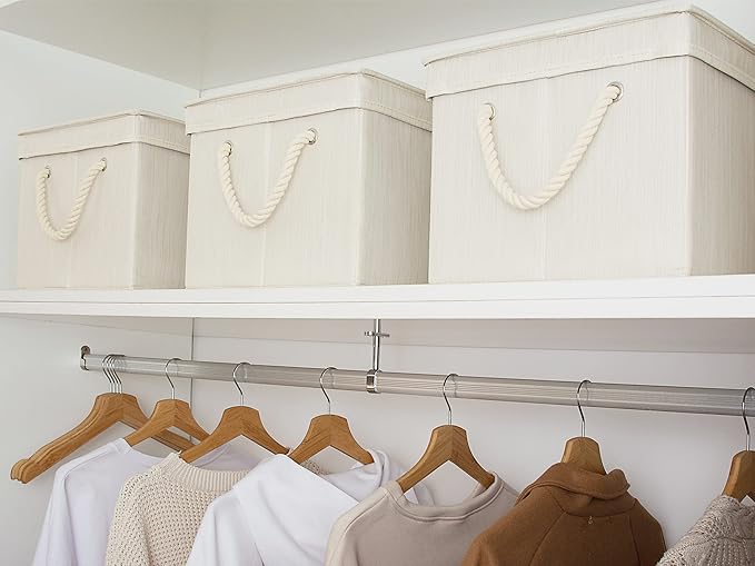 StorageWorks Storage Bins with Lids, Decorative Storage Boxes with Lid and Soft Rope Handles, Foldable Storage Baskets for Closet, Shelves, Stackable, 3-Pack, Ivory and White, Jumbo
