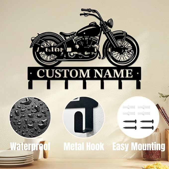 Personalized Custom Name Motorcycle Keys Hooks,Metal Motorcycle Art Clothes Keys Hooks,Metal Motorcycle Lover Wall Home Storage Decorative Keys Hooks,Key Holder Hooks for Wall (Style A)