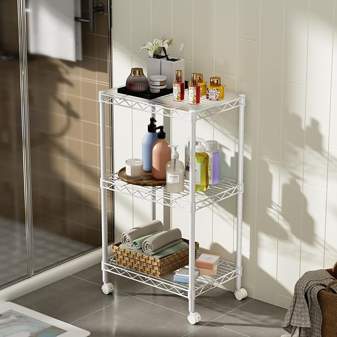 Small 3 Tier Shelves Storage Wire Shelving Unit Metal Shelf Adjustable Organizers Storage Shelving with Wheels for Bathroom Laundry Room Kitchen Pantry12”D x 18”W x 30.7”H White