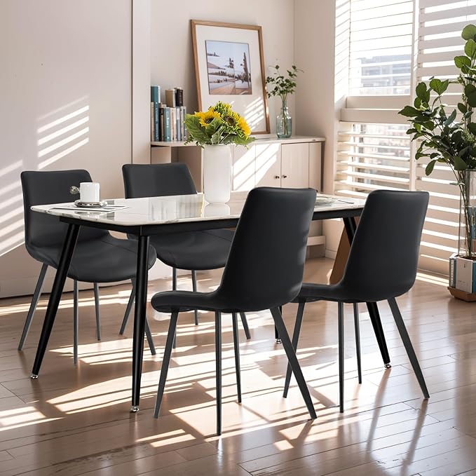 Dining Chairs, Modern PU Leather Dining Room Chair with Sturdy Metal Legs, Upholstered Seat Dinner Chairs Accent Side Chairs for Indoor Kitchen Living Room (Black, Set of 4)