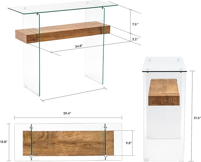 ivinta Glass Console Table with Storage, 39.4" Modern Narrow Entryway Table for Living Room, Entrance, Hallway or Bedroom 5101 (Natural Wood)