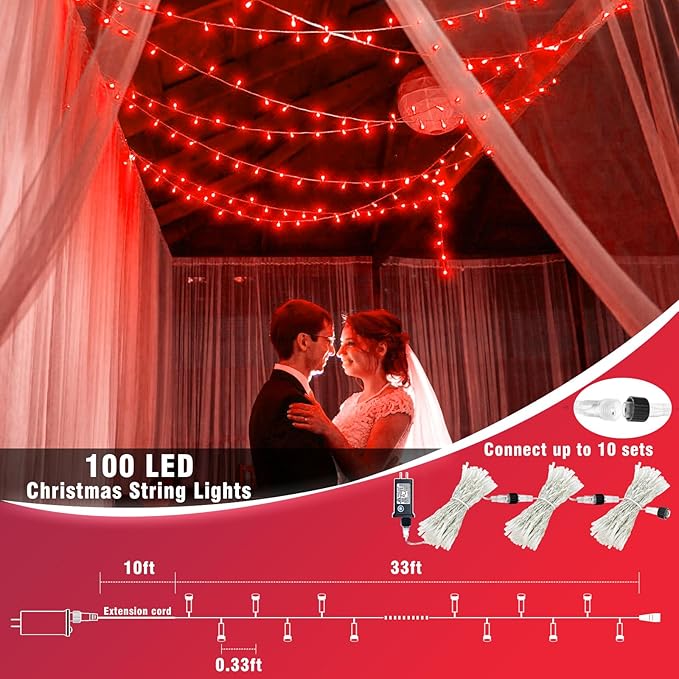 Vivideal 100 LED Red Christmas Lights Outdoor, 33ft Red String Lights 8 Modes Clear Wire, Connectable Waterproof Plug in Led Light for Bedroom Indoor Outdoor Christmas Decorations