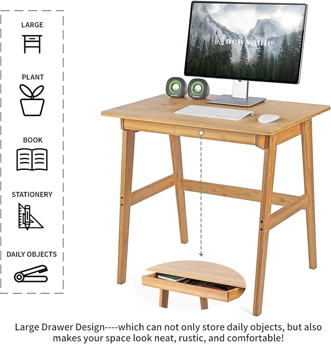 Nnewvante Writing Computer Desk 31.5" Bamboo Home Office Table with Large Drawer, Modern Furniture Simple Study Makeup Workstation