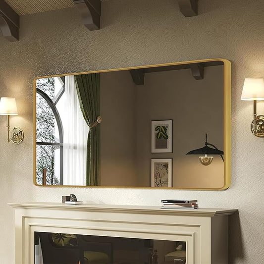 Gold Framed Mirrors for Bathroom,60 x 30 Inch Rounded Conner Rectangle Mirror for Wall, Matte Gold Vanity Mirror with Tempered Glass,Anti-Rust,Hangs Horizontally or Vertically
