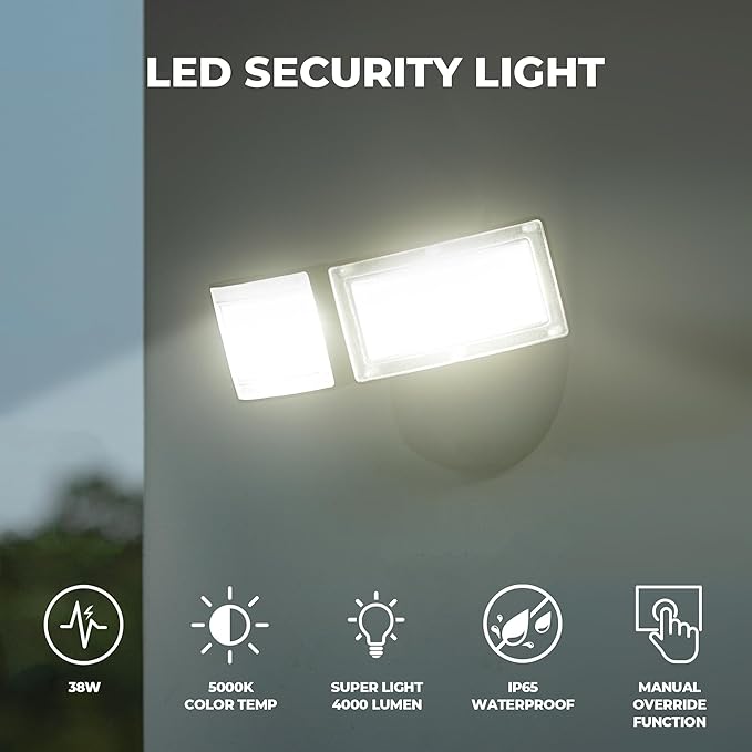 LED Flood Lights Outdoor, 38W 4000LM 5000K Daylight, IP65 Waterproof Security Lights with 2 Adjustable Heads, Exterior Wall Light for House, Garage, Yard (Black)