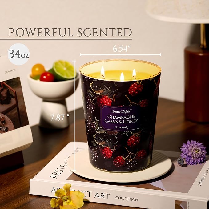 HomeLights Scented Candles for Women & Men, 34oz Candle Jars Aromatherapy 3-Wick Candle, Ideal for Eclectic Mixed Styles Home Decor and Gifts, Champagne Cassis & Honey