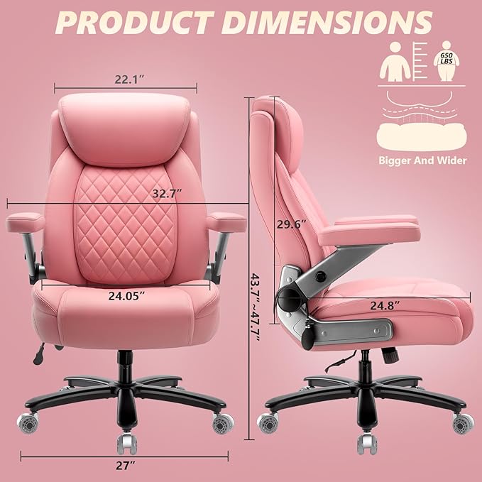 650LBS Big and Tall Office Chair with 5D Flip Arms and Thick Pocket Spring Cushion, Extra Wide Heavy Duty Office Chair with Adjustable Lumbar Support, Large High Back Computer Chair Dual Rubber Wheel