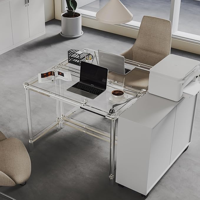 HMYHUM Acrylic Computer Desk, 40 Inch Clear Home Office Desk for Laptop, Study, Writing, Vanity Table with Cylindrical Legs, Modern, Easy Assembly