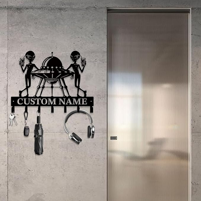 Personalized Custom Alien ET Metal Wall Keys Hooks,Clothes Hooks Alien ET Art coat racks,door holder,Black Alien ET decorations for home,Entrance doors,Hallway, Bedroom,Keys,Hats (Style K)