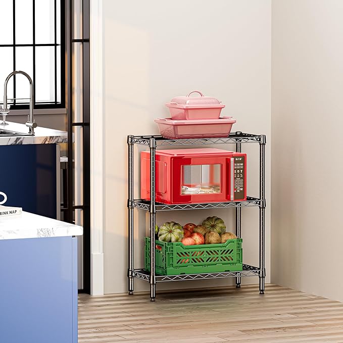 IZEUK 3 Tier Heavy Duty Steel Storage Shelves, Metal Shelf Wire Shelving Rack for Pantry, Kitchen, Cloakroom or Office Organization (13.8" D x 23.6" W x 35.5" H, 750LBS, Black)