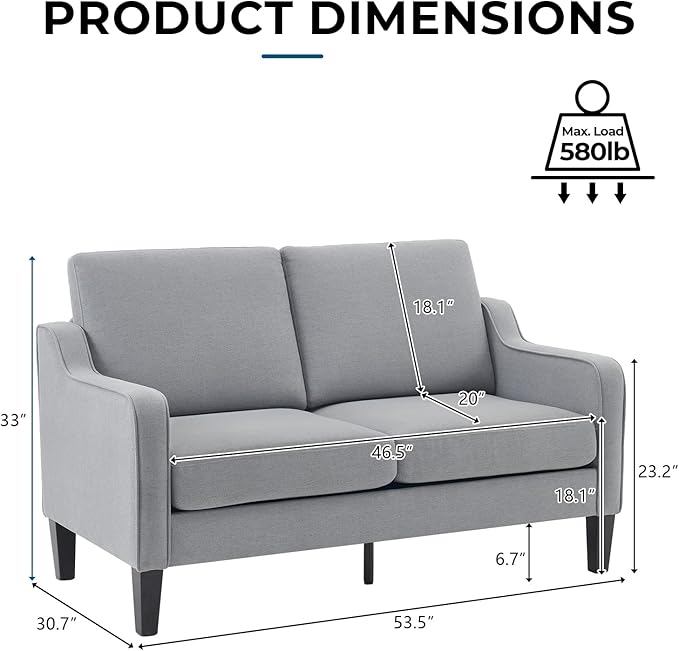 VINGLI Loveseat 53" Small Couch Loveseat Sofas for Living Room Mid Century Modern Sofa Couch Light Grey Love Seat Couches with Scooped Arms for Small Spaces, Bedroom, Apartment, Studio