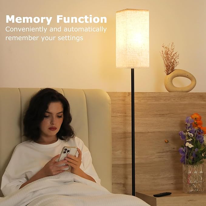 Ambimall 64'' Modern Floor Lamp with Remote, Tall Lamps for Living Room, Bedroom, Office, Dining Room, Beige Square Shade with Black Pole(Included Bulb)