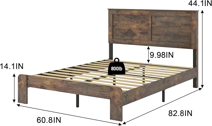 Queen Size Bed Frame, Vintage Platform Bed Frame with Wood Headboard and Footboard, 12 Wood Slats Support, No Box Spring Needed (Dark Brown)
