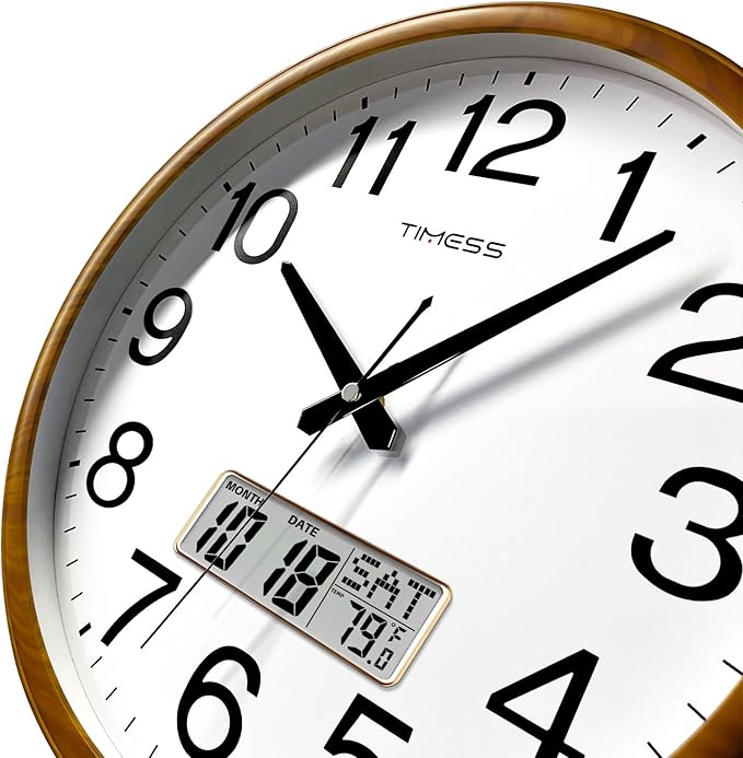 Wall Clock, Classic Wood Style Finish, 11 Inch Non-Ticking Silent Battery Operated Quartz Analog with Perpetual Calendar and F° Temperature Display, Home, Office Décor (Wood Yellow)