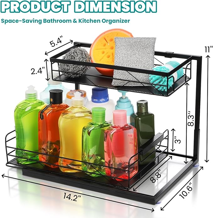 Pull Out Under Sink Organizer, 2 Tier Kitchen Cabinet Organizer with Suction Cups, PVC Mat, Sliding Drawer, Metal Cleaning Supplies Storage Shelf for Laundry, Pantry, Bathroom