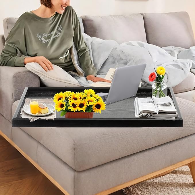 36 x 22 Inches Extra Large Solid Wood Serving Tray for Tea Coffee Table Snack Food Meals Serving Plate Kitchen Party Bar Breakfast Server with Raised Edges Black Wooden Decorative Ottoman Tray