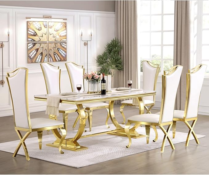 White and Gold Dining Chairs Set of 2, White Leather Dining Room Chair with Gold Polished Metal Legs, Glam Upholstered Kitchen Chairs for Dining Room, Kitchen, Living Room