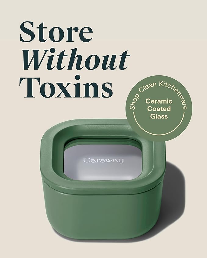 Caraway 2pc Glass Food Storage Set - 1.75 Cup Food Containers (2) - Non-Toxic Ceramic-Coated Glass - Air Release Technology - Compact & Stackable Design - Sage