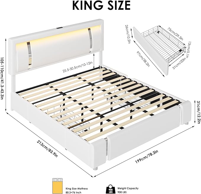 Keyluv King Size Bed Frame with RGB LED Lights & 2 Storage Drawers, Modern Upholstered Platform Bed with Iron Metal Decor, USB Charging Ports, White