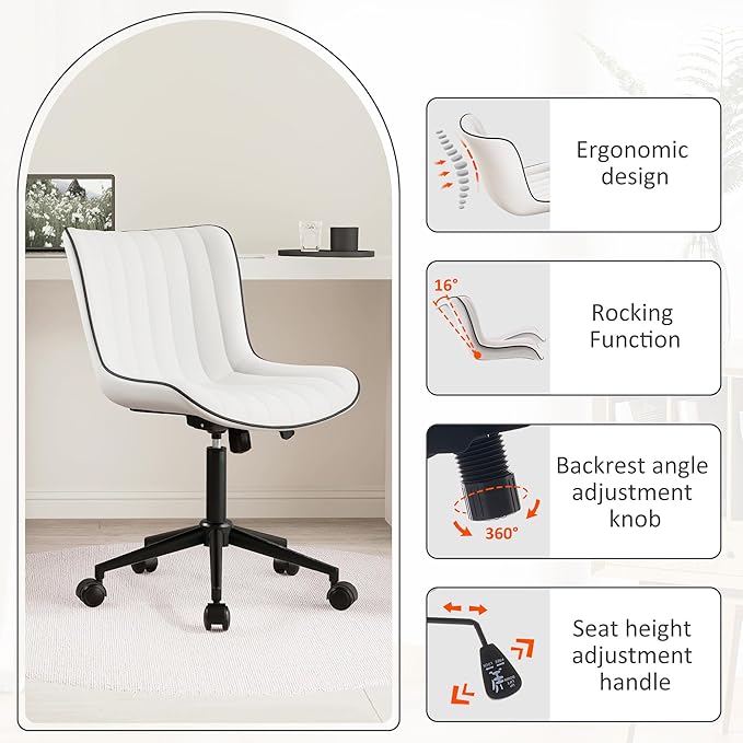 Kidol & Shellder White Leather Home Office Desk Chair with Wheels Modern Cute Armless Executive Swivel Vanity Chair with Comfy Padded Back Ergonomic Rolling Adjustable Computer Task Chair Small