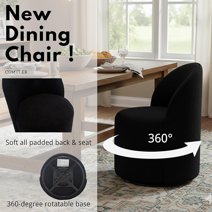 Modern Barrel Dining Chairs Set of 3, Swivel Base Black Sherpa Accent Chair 360°Rotating Mid-Century Dining Side Chair Kitchen Chair for Living Room, Bedroom, Home, Office, Kitchen