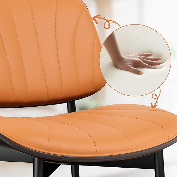 Dining Chairs Set of 8, Mid Century Modern Dining Room and Kitchen Chairs, Upholstered PU Leather Chairs with Walnut Bentwood and Metal Legs, Orange