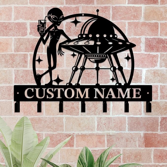 Personalized Custom Alien ET UFO Metal Wall Keys Hooks,Clothes Hooks Alien ET Art coat racks,door holder,Black Alien ET decorations for home,Entrance doors,Hallway, Bedroom,Keys,Hats (Style J)