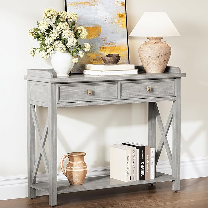 40" Console Table with Drawers, Entryway Table with Charging Station, Mid Century Console Table with Bottom Shelf, Wood Accent Sofa Table for Living Room, Hallway, Foyer, Drawers Pre-Assembled, Grey