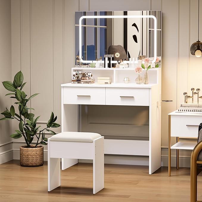 GarveeHome Vanity Desk with Mirror and Lights, 3 Color Modes Makeup Vanity with Cushioned Stool, 2 Drawers & Charging Station, Modern Dressing Table for Bedroom, Makeup Studio, White