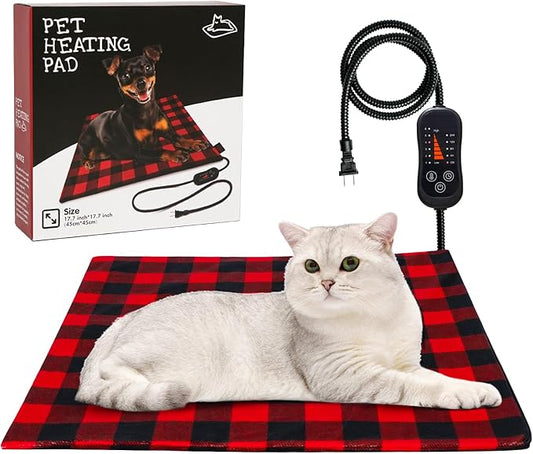 Pet Heating Pad, Adjustable Temperature Heated Cat Bed with Timer, Outdoor Waterproof Heated Dog Bed with Anti-Chew Cord, Overheat Protection Warming Mat for Cats and Puppies (S:17.7"x17.7")