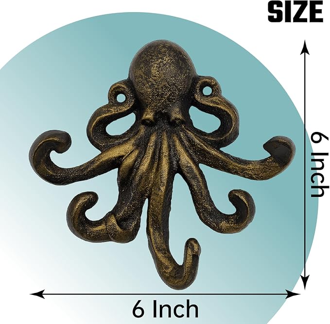 Octopus Cast Iron Wall Hook – Nautical Decorative Key Holder, Coastal Ocean Theme Animal Hook for Entryway, Bathroom, or Bedroom, Heavy Duty Antique Bronze