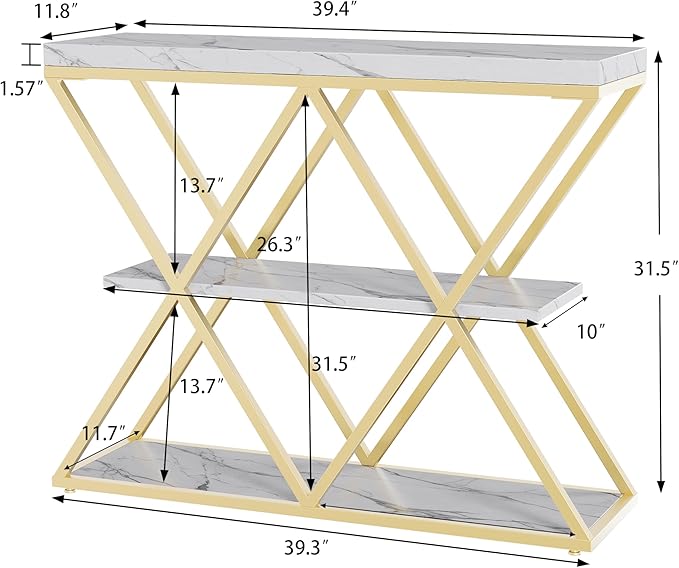 Garvee 3-Tier Entryway Table, Industrial Console Sofa Table with Storage, Accent Table with Open Shelves, X-Shaped Metal Frame, Foyer Table for Entryway, Hallway, White