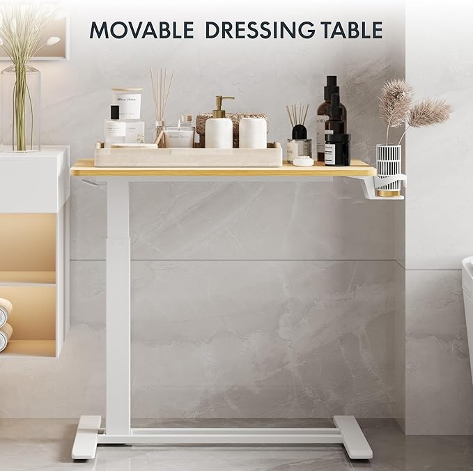 FLEXISPOT Adjustable C Table with Wheels, Mobile Snack Side End Table Sofa Couch Bedside Table Laptop Rolling Cart TV Tray Night Stand Small Space Side Table,(31.5" W x 17.7" D,Maple)