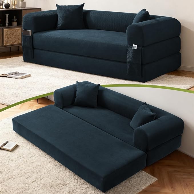 80" Convertible Sofa Bed,Folding Pull Out Couch with Pillows & Storage Pocket,Modular Corduroy Queen Sleeper Sofa in a Box,No Assembly Boneless Couch for Living Room,Navy Blue