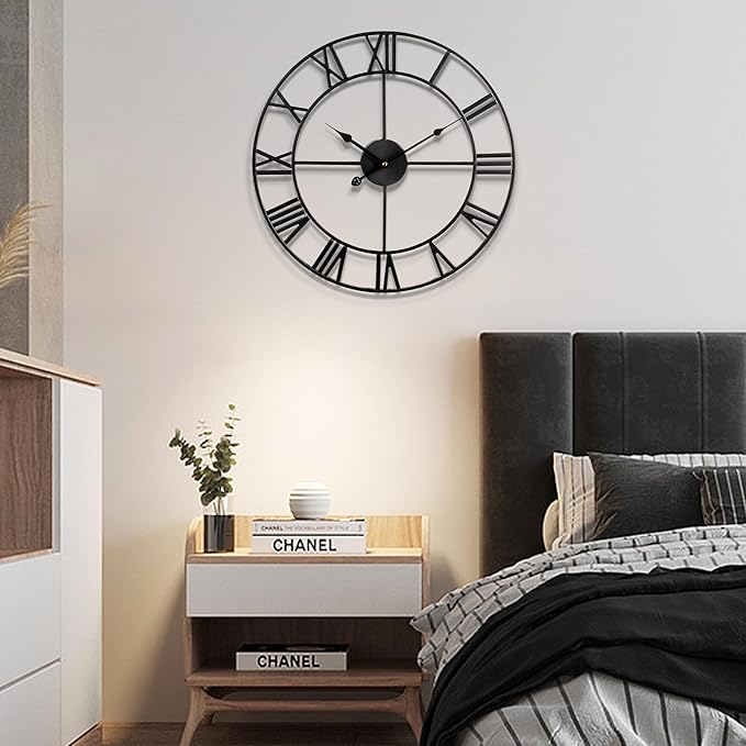 1st owned 16 inch Wall Clock - Metal Retro Roman Numeral Wall Clock, Almost Silent, Easy to Read for Living Room Decor/Home/Kitchen/Bedroom/Office/School(Black)