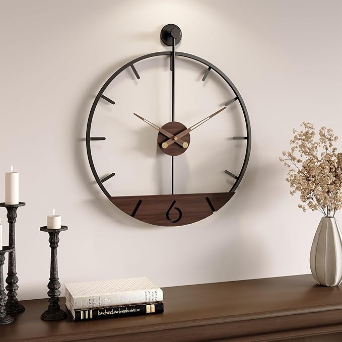 Cuspin 16 Inch Wall Clock with Walnut Wood Dial, Modern Decorative Clock Silent Non-Ticking Battery Operated Metal Frame for Living Room, Kitchen, Office, or Bedroom Wall Decor, Black and Brown