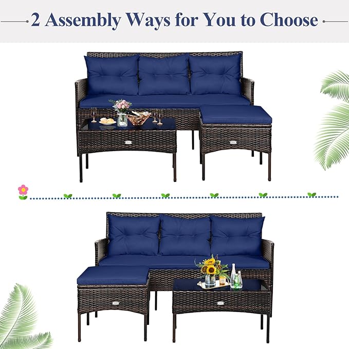 Tangkula 3 Pieces Patio Conversation Set, All Weather Outdoor PE Rattan Wicker Furniture Set with Padded Cushions, Tempered Glass Coffee Table, for Poolside, Backyard, Garden (Navy)