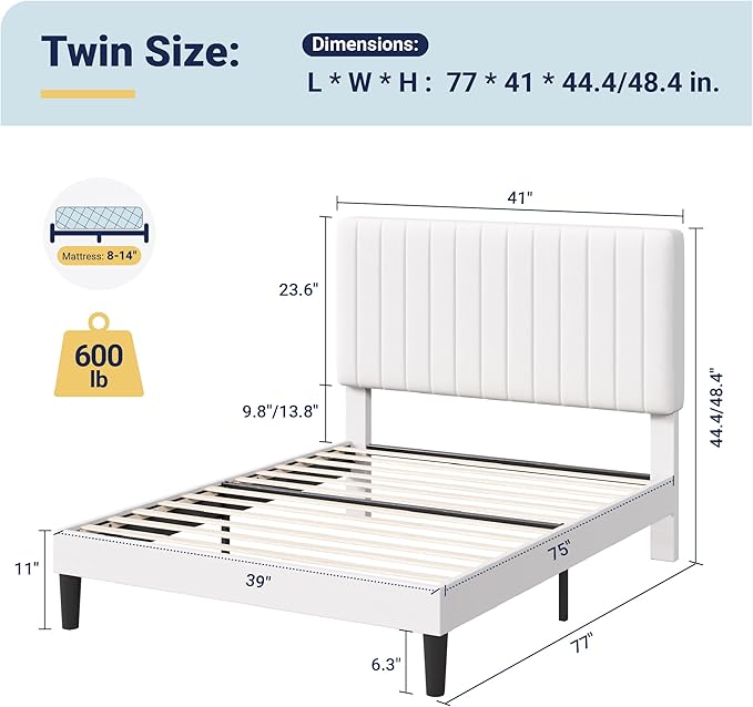 Allewie Twin Bed Frame, Velvet Upholstered Platform Bed with Adjustable Vertical Channel Tufted Headboard, Mattress Foundation with Strong Wooden Slats, Box Spring Optional, Easy Assembly, Off-White
