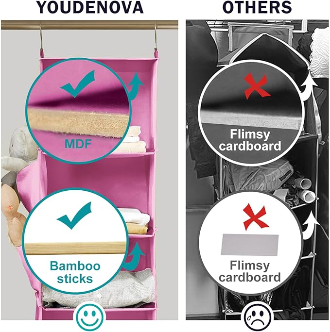 YOUDENOVA Hanging Closet Organizer and Storage, 6-Shelf Closet Hanging Storage Shelves, Light Pink